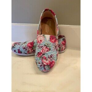 Toms Classic Floral Striped w/ Roses Casual Comfortable Size W 5 Slip On Flats